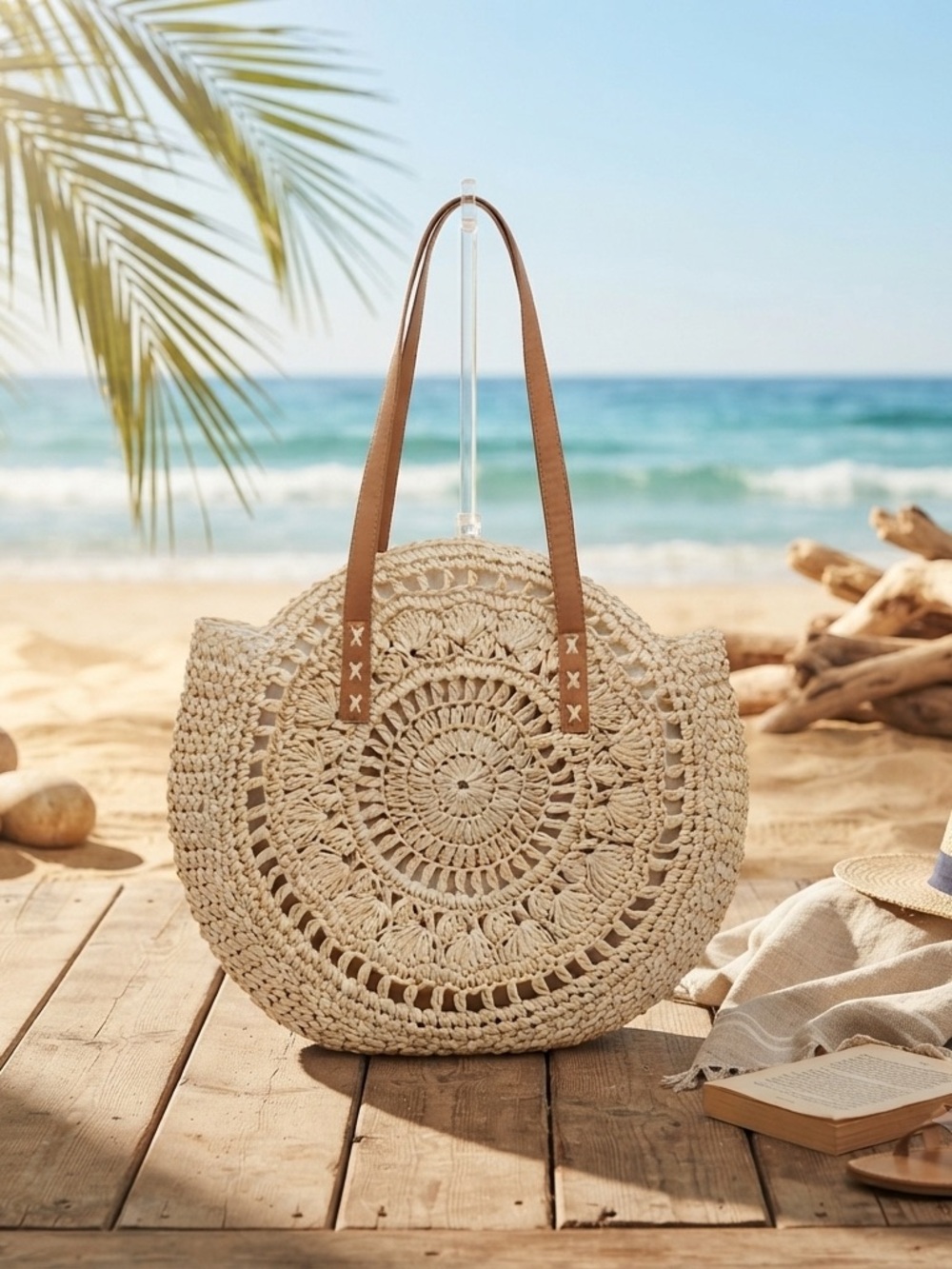 Crocheted Round Tote Bag with Brown Handles - Cream